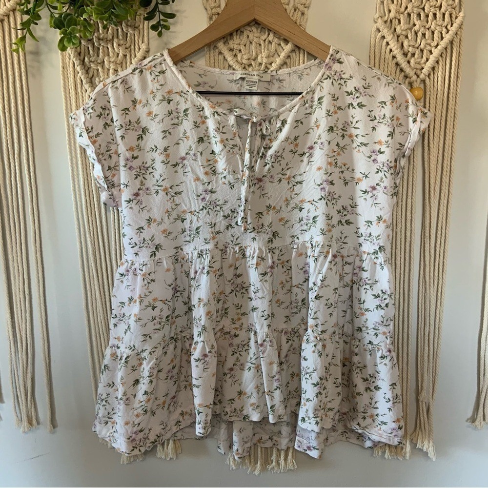 AMERICAN EAGLE Tie Neck Floral‎ Tiered Ruffle Top XS